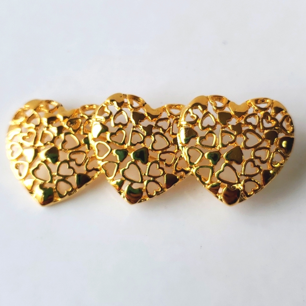 Vintage 3 Hearts Open Filigree Hearts Design Brooch Goldtone